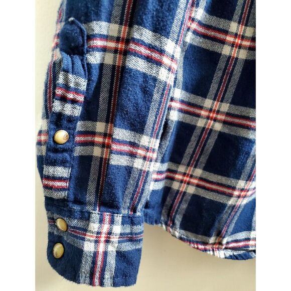 Jachs Girlfriend Shirt Plaid Flannel Navy/Red/White Pearl Snaps Chest Pockets - Picture 6 of 10